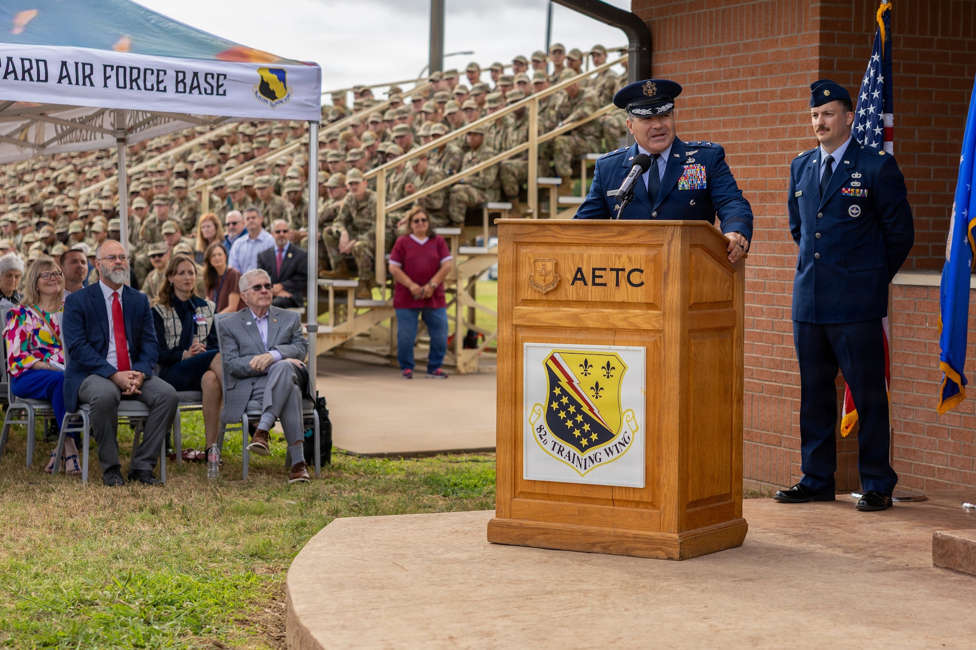 U.S. Air Force Maj. Gen. Wolfe Davidson, Second Air Force commander, speaks during the 82nd Training Wing change of command ceremony at Sheppard Air Force Base, Texas, June 5, 2026.