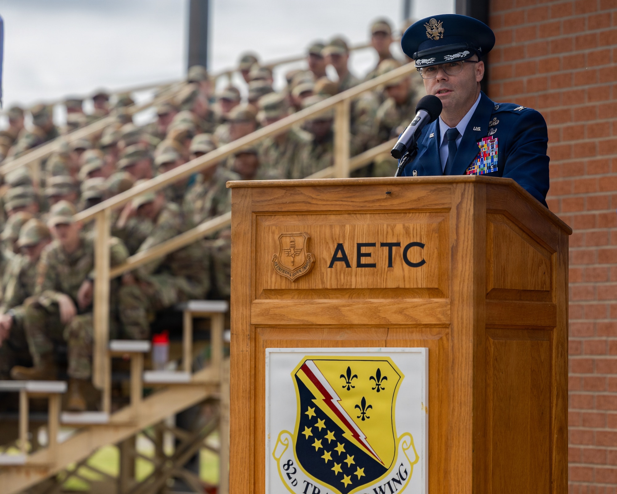 U.S. Air Force Col. Samuel Mink, 82nd Training Wing and installation incoming commander, provides remarks during the 82nd TRW change of command ceremony at Sheppard Air Force Base, Texas, June 5, 2026.