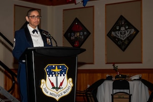 U.S. Air Force Chief Master Sgt. Lisa Thrasher-Stallard, 341st Missile Wing command chief, speaks on the higher responsibilities that a Chief holds during the 2026 Chief Master Sgt. Recognition ceremony at Malmstrom Air Force Base, Montana, May 29, 2026.