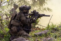 U.S. Army Pfc. Giovanni Tolbert, assigned to the 2nd Battalion, 35th Infantry Regiment, 3rd Mobile Brigade, 25th Infantry Division, fires his M7 during a platoon live-fire event as part of Salaknib 2026 at Fort Magsaysay, Nueva Ecija, Philippines, June 2, 2026.