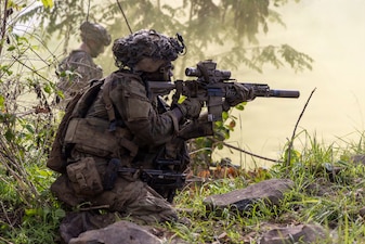 U.S. Army Pfc. Giovanni Tolbert, assigned to the 2nd Battalion, 35th Infantry Regiment, 3rd Mobile Brigade, 25th Infantry Division, fires his M7 during a platoon live-fire event as part of Salaknib 2026 at Fort Magsaysay, Nueva Ecija, Philippines, June 2, 2026.