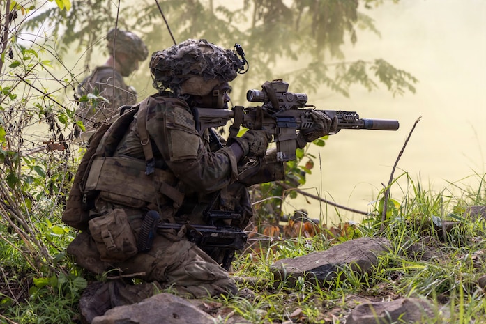 U.S. Army Pfc. Giovanni Tolbert, assigned to the 2nd Battalion, 35th Infantry Regiment, 3rd Mobile Brigade, 25th Infantry Division, fires his M7 during a platoon live-fire event as part of Salaknib 2026 at Fort Magsaysay, Nueva Ecija, Philippines, June 2, 2026.