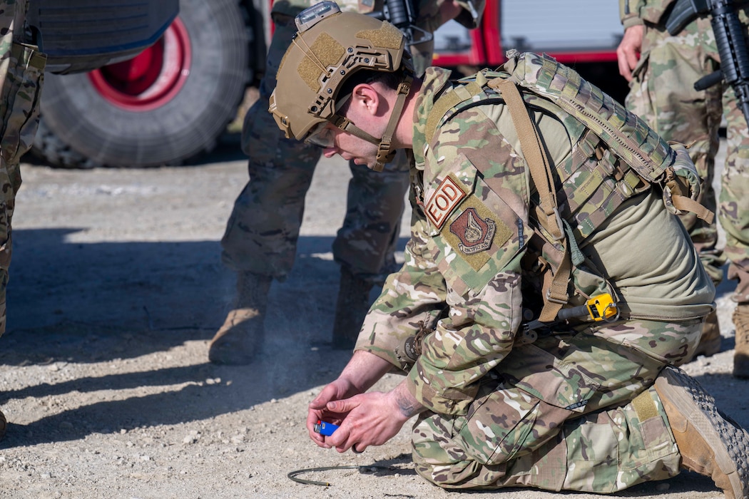 Airman 1st Class Gabriel Kendle, 354th Civil Engineer Squadron explosive ordnance disposal team member, tests detonating cord during an Agile Moose drill at Eielson Air Force Base, Alaska, May 28, 2026.