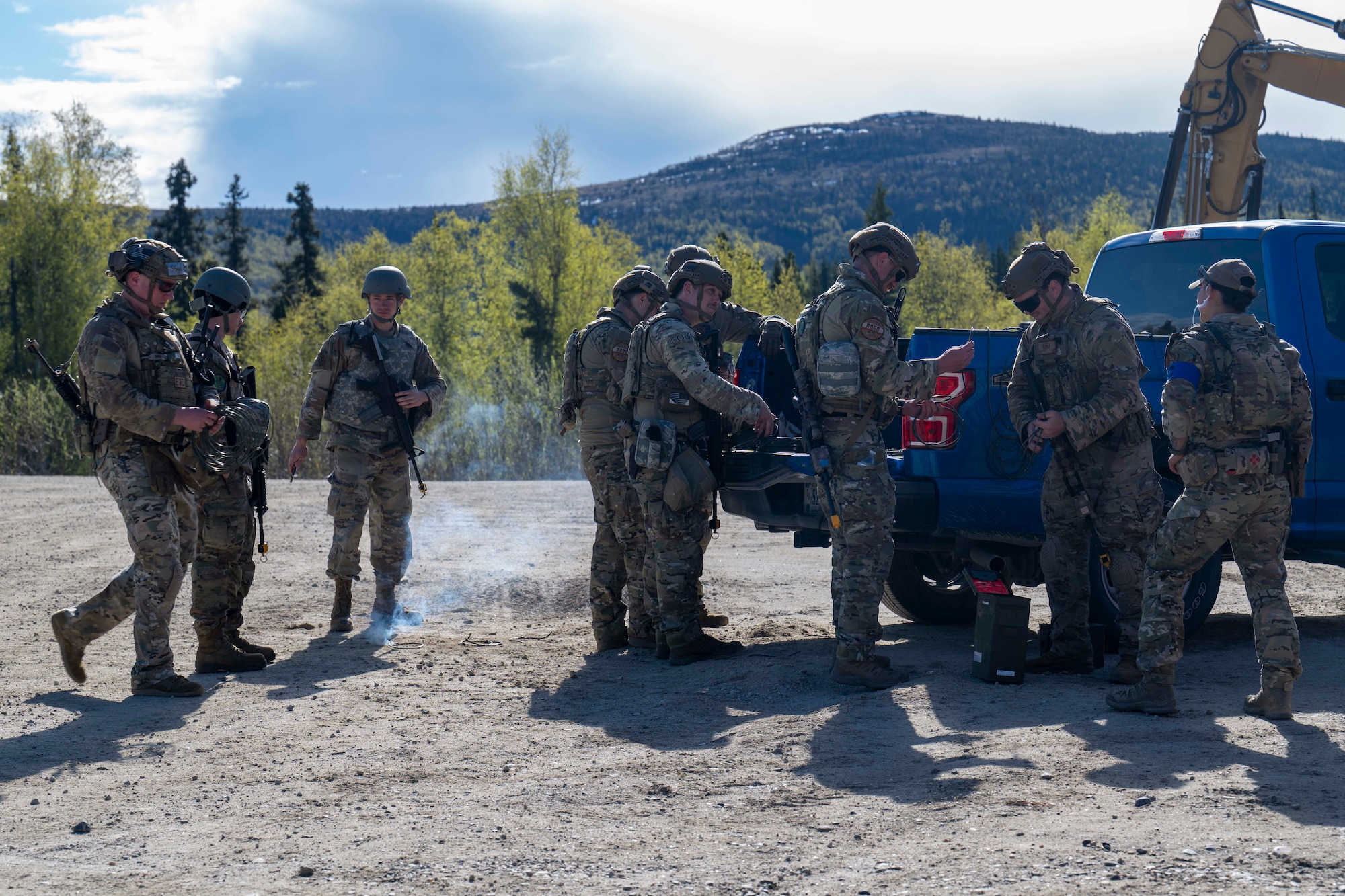 Airmen from the 354th Civil Engineer Squadron test sets of detonating cord during an Agile Moose drill at Eielson Air Force Base, Alaska, May 28, 2026.