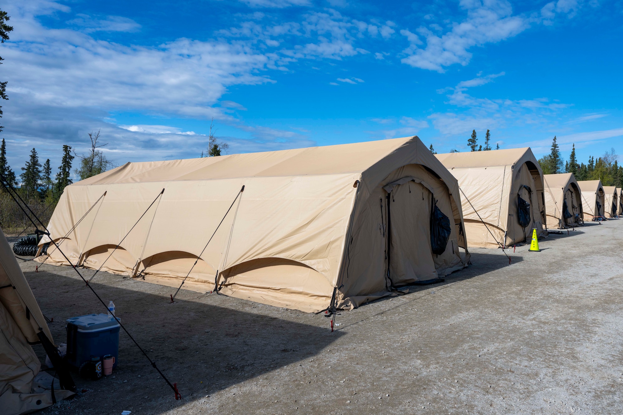 The 354th Civil Engineer Squadron sets up tents to showcase their Airmen’s capabilities to employ expeditionary bare base capabilities during an Agile Moose drill at Eielson Air Force Base, Alaska, May 28, 2026.