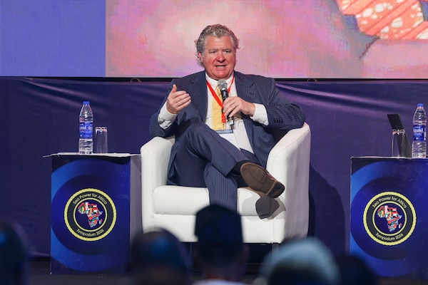 Retired U.S. Navy Rear Adm. Patrick Hayden, speaks during a live interactive session at the Sea Power for Africa Symposium, during the Nigerian Navy’s 70th Anniversary Celebration in Lagos, Nigeria June 2, 2026.