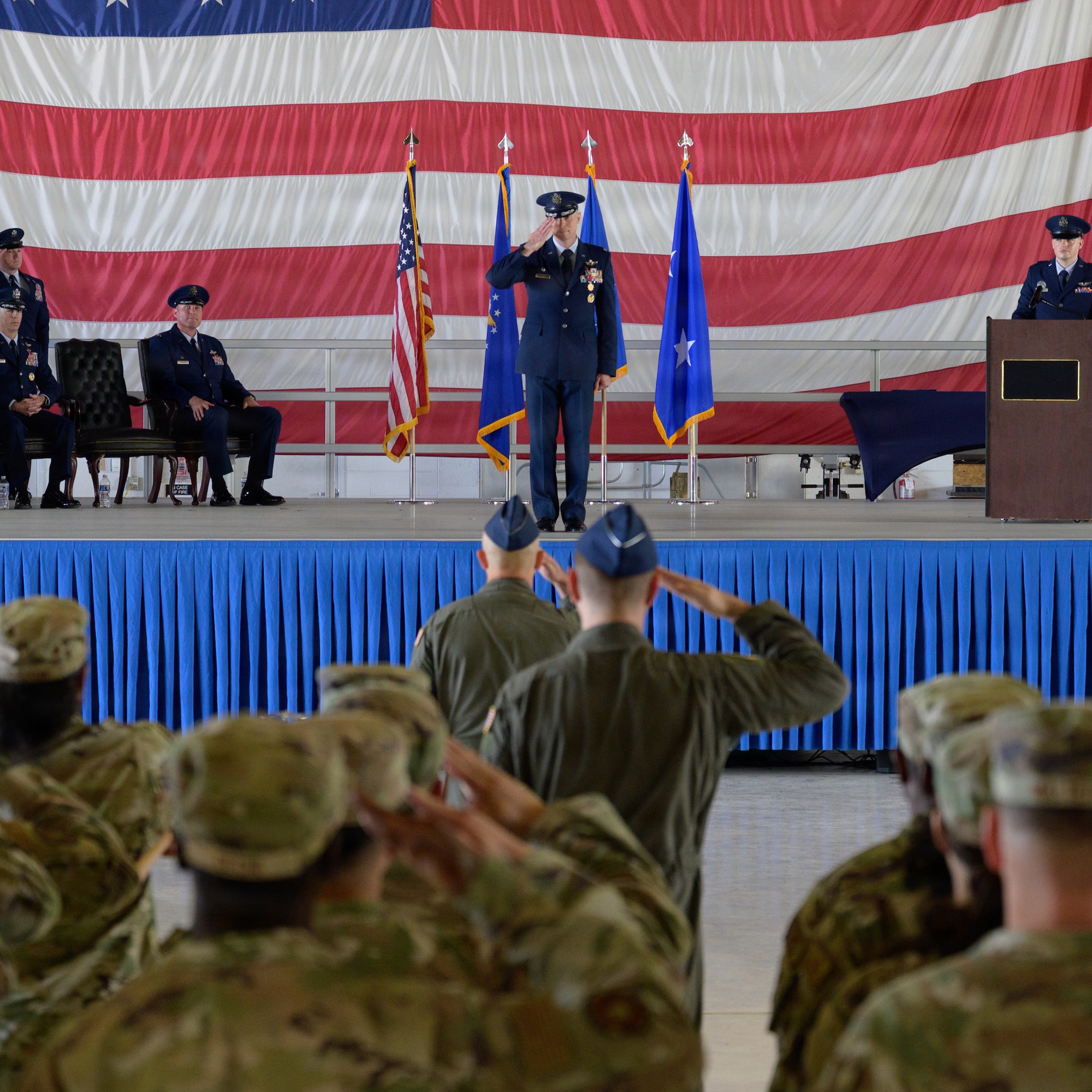 U.S. Air Force Col. John Ethridge, 49th Wing commander, renders his final salute during the 49th Wing change of command and reassignment ceremony at Holloman Air Force Base, New Mexico, June 4, 2026. Ethridge served for two years in command of the 49th Wing, home of the primary F-16 Fighting Falcon and MQ-9 Reaper training schoolhouse in the Air Force. (U.S. Air Force photo by Senior Airman Bob Teichmann)