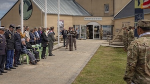 Maj. Gen. Patrick Ellis, commanding general of the 4th Infantry Division, delivers a speech during a D-Day 82 Memorial Ceremony, Quinéville, Normandy, June 05, 2026. The event memorialized the sacrifices of 4th Infantry Division Soldiers during the D-Day landings to liberate Europe from Nazi occupation. (U.S. Army photo by Sgt. William Rogers)