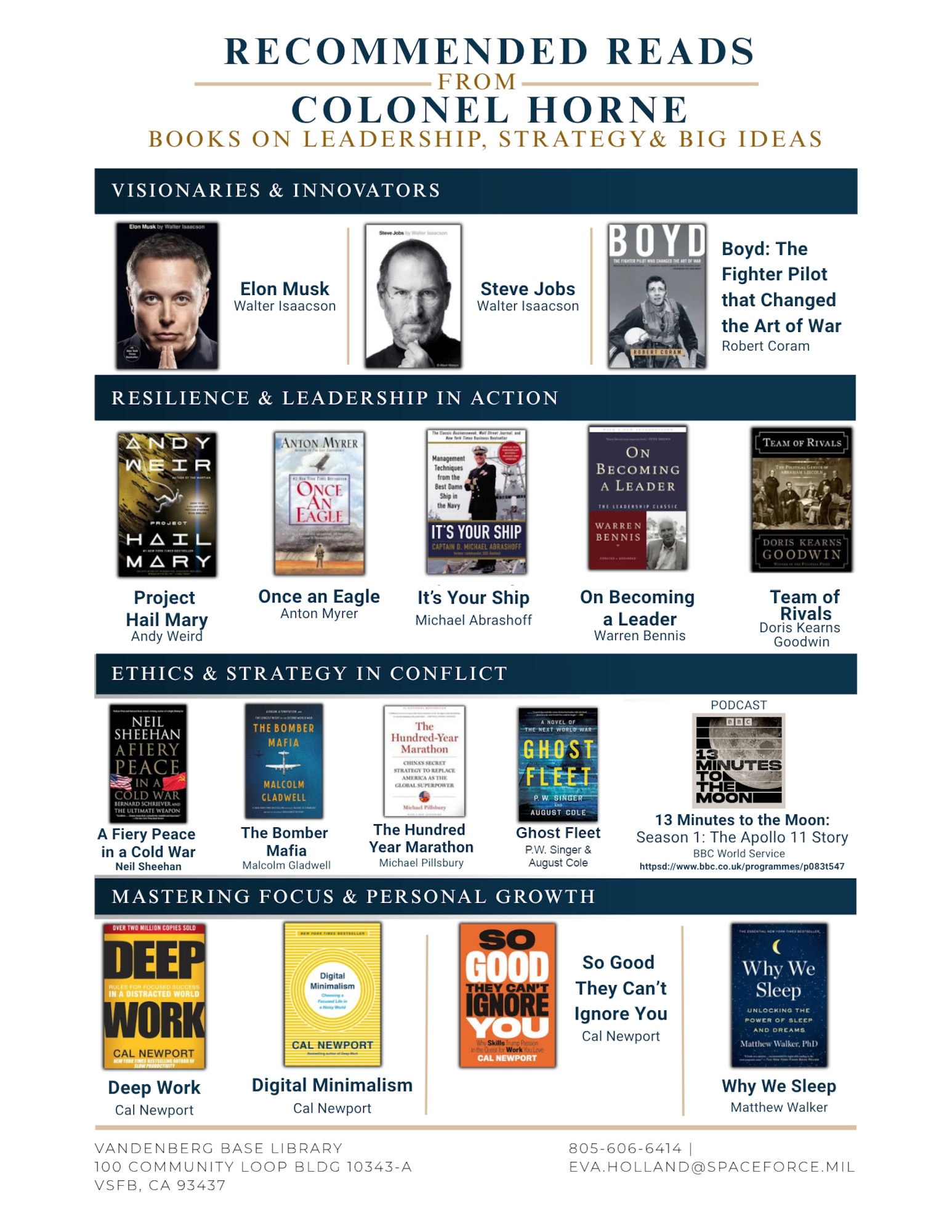 The Col. Horne Reading List Challenge, curated by Col. James Horne, Space Launch Delta 30 commander.