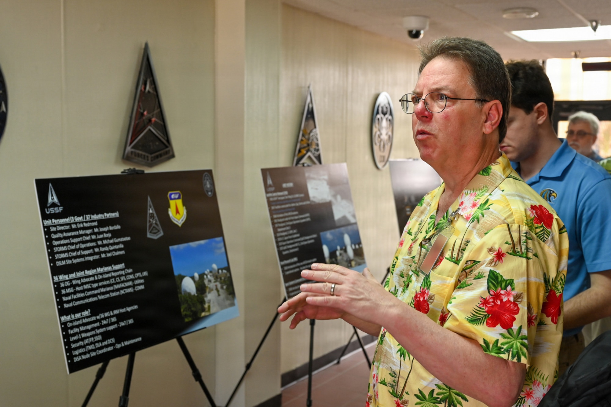 Dr. Glenn Antizzo, an instructor at Mississippi College, discusses U.S. Space Force operations and capabilities during a visit to the Guam Tracking Station.