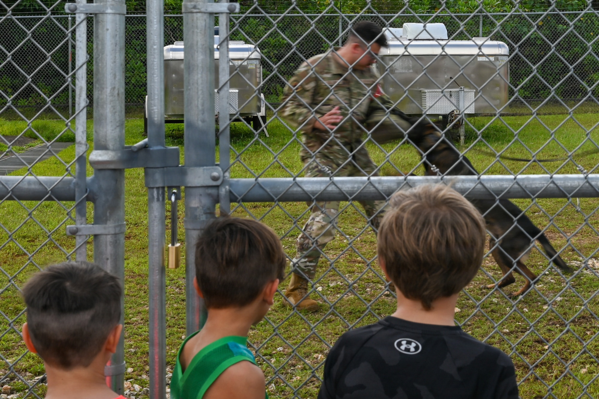 Military home school students watch as a military working dog bites a simulated suspect.