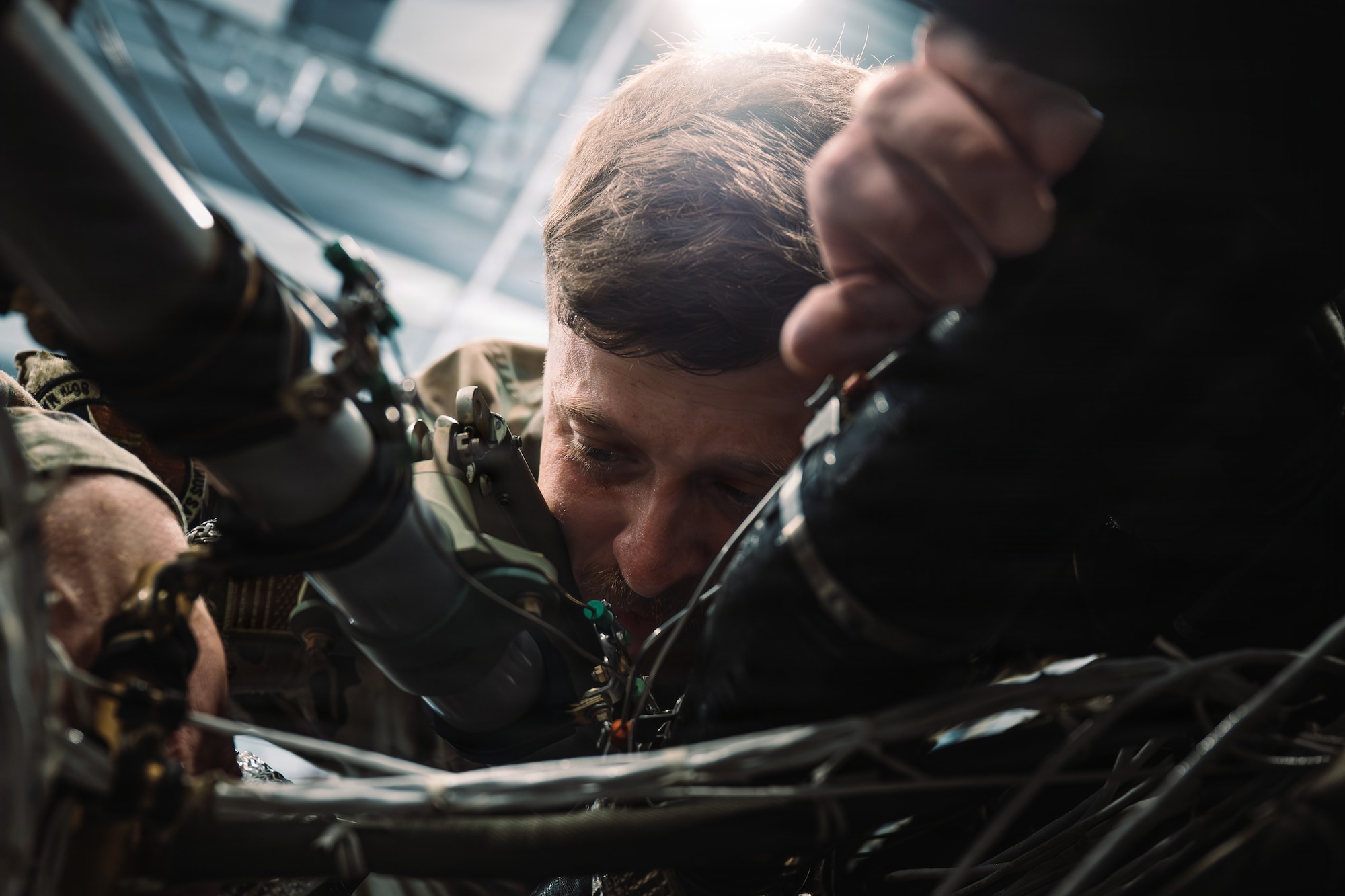 U.S. Air Force Staff Sgt. Joshua Synder, 86th Maintenance Squadron electrical and environmental journeyman, repairs a C-130J Super Hercules aircraft at Ramstein Air Base, Germany, June 2, 2026.