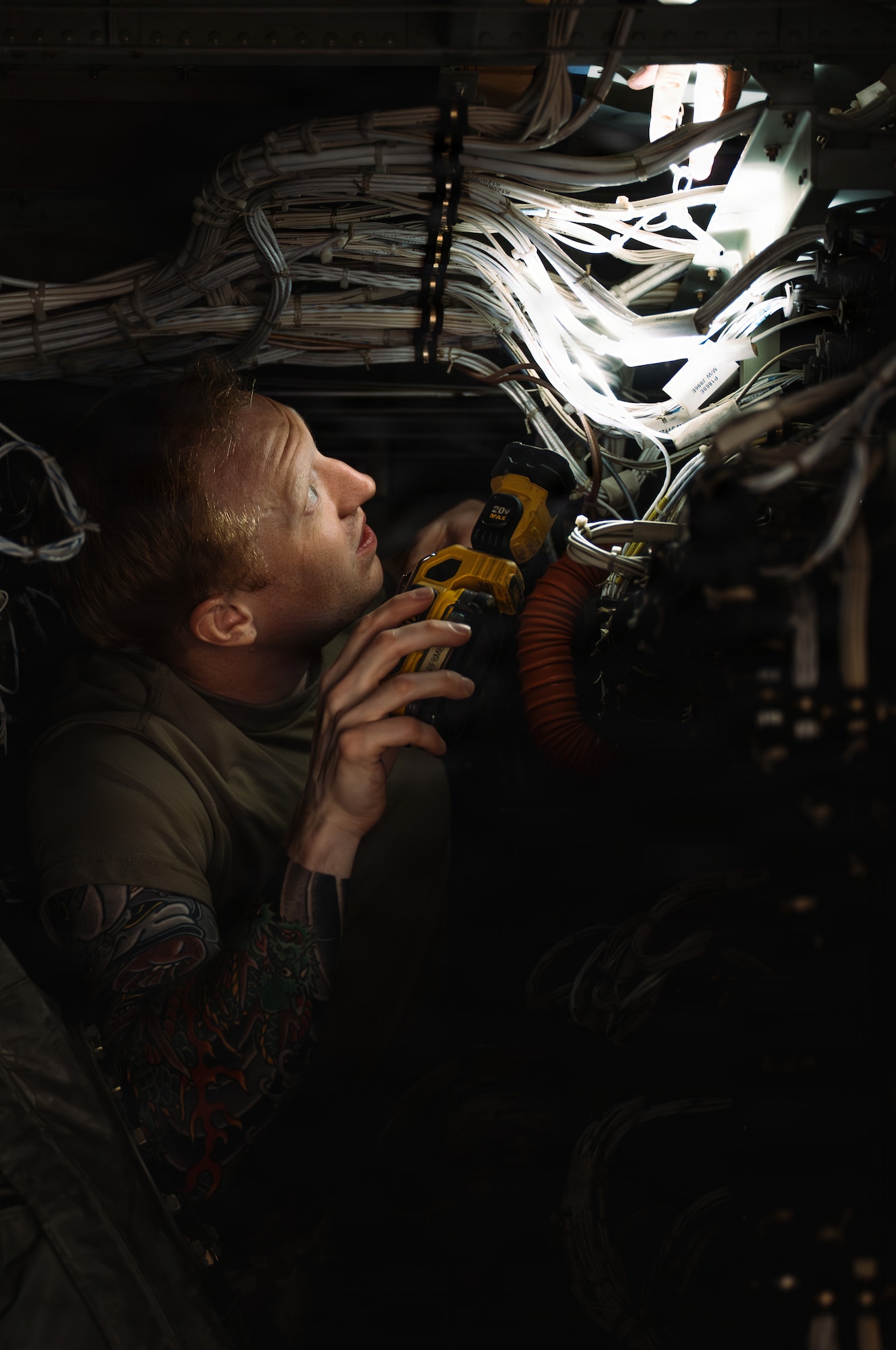 U.S. Air Force Tech Sgt. Philipp Andes, 86th Maintenance Squadron aircraft inspection non-commissioned officer in charge, inspects the inside of a C-130J Super Hercules at Ramstein Air Base, Germany, June 2, 2026.