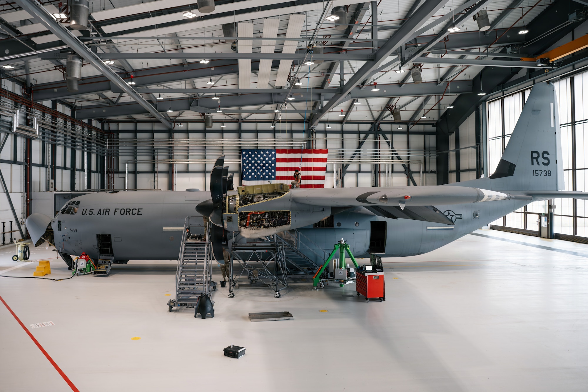 U.S. Air Force Airmen assigned to the 86th Maintenance Squadron, perform letter-check repairs on a C-130J Super Hercules aircraft at Ramstein Air Base, Germany, June 3, 2026.