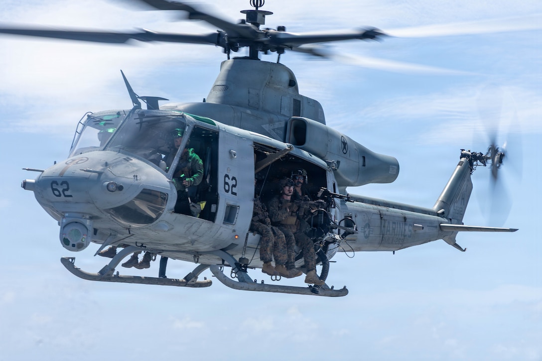 U.S. Marine Corps UH-1Y Venom assigned to Marine Medium Tiltrotor Squadron (VMM) 365 (Reinforced), Littoral Combat Force-24, prepares to land aboard San Antonio-class amphibious transport dock USS Fort Lauderdale (LPD 28) during a Maritime Interdiction Operation Full Mission Profile rehearsal while underway in the Caribbean Sea, May 25, 2026. U.S. military forces are deployed to the U.S. Southern Command area of responsibility in support of Operation SOUTHERN SPEAR, Department of War-directed operations, and the president’s priorities to disrupt illicit drug trafficking, deter malign actors and protect the homeland through continuous presence. (U.S. Marine Corps photo)