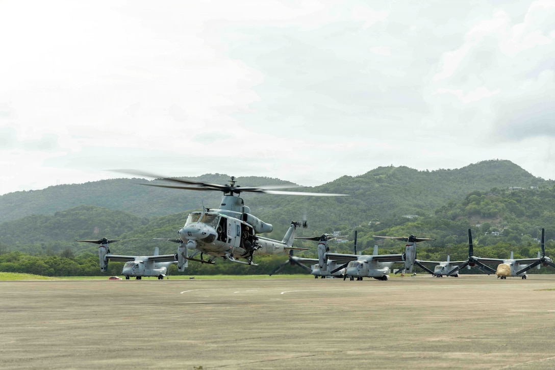 A U.S. Marine Corps UH-1Y Venom with Marine Medium Tiltrotor Squadron (VMM) 365 (Reinforced), Littoral Combat Force-24, hovers the runway on U.S. Roosevelt Roads Naval Station, Puerto Rico, May 26, 2026. U.S. military forces are deployed to the U.S. Southern Command area of responsibility in support of Operation SOUTHERN SPEAR, Department of War-directed operations, and the president’s priorities to disrupt illicit drug trafficking, deter malign actors and protect the homeland through continuous presence. (U.S. Marine Corps photo)