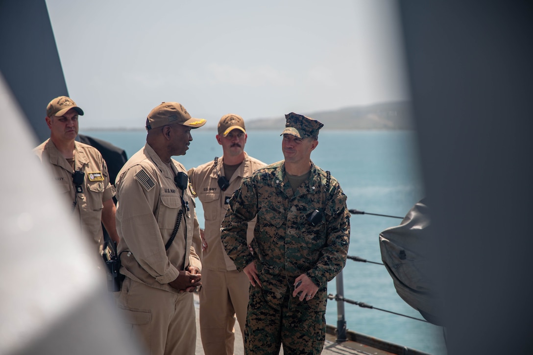 U.S. Navy Capt. Jiwan Mack, left, commanding officer of San Antonio-class amphibious transport dock USS Fort Lauderdale (LPD 28), speaks with U.S. Marine Corps Lt. Col. Shawn P. Connor, commanding officer of 3rd Battalion, 2nd Marine Regiment, Littoral Combat Force-24, during a tour of the ship at Autoridad del Puerto de Ponce, Puerto Rico, May 30, 2026. U.S. military forces are deployed to the U.S. Southern Command area of responsibility in support of Operation SOUTHERN SPEAR, Department of War-directed operations, and the president’s priorities to disrupt illicit drug trafficking, deter malign actors and protect the homeland through continuous presence. (U.S. Marine Corps photo)