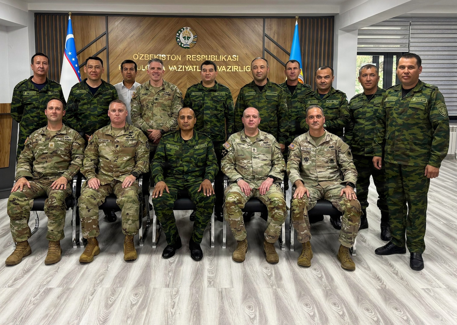 U.S. Army Soldiers with the Mississippi National Guard and U.S. Army Central pose with Republic of Uzbekistan Ministry of Emergency Services personnel during a Department of War National Guard Bureau State Partnership Program engagement May 18, 2026, in Almalyk City, Uzbekistan.