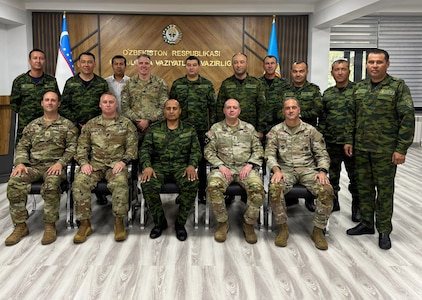 U.S. Army Soldiers with the Mississippi National Guard and U.S. Army Central pose with Republic of Uzbekistan Ministry of Emergency Services personnel during a Department of War National Guard Bureau State Partnership Program engagement May 18, 2026, in Almalyk City, Uzbekistan.