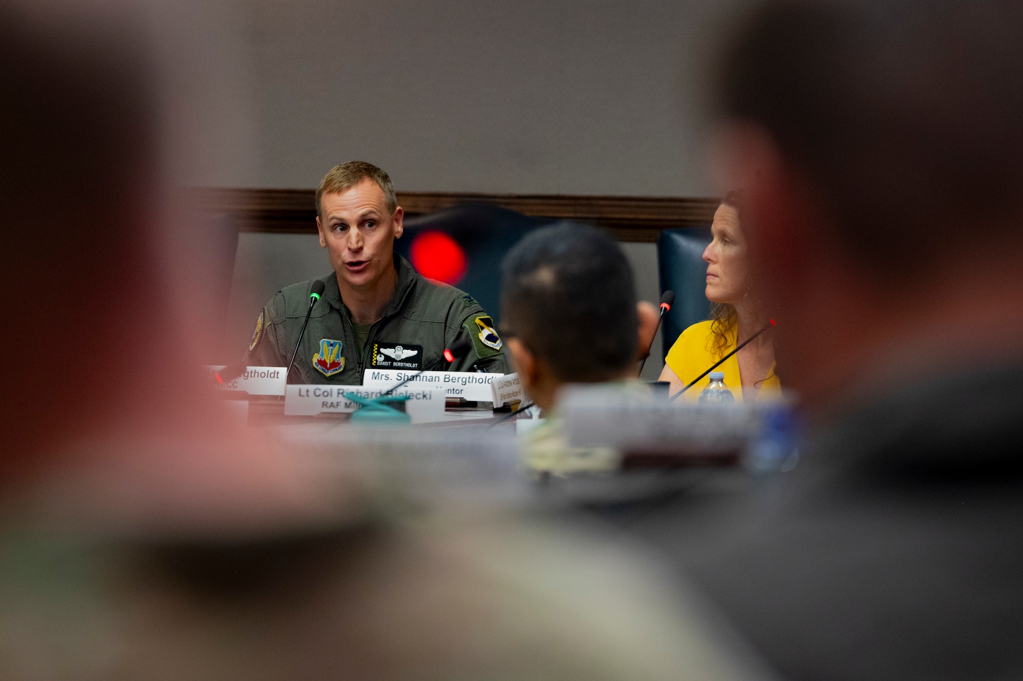 U.S. Air Force Col. Chris Bergtholdt, 325th Fighter Wing commander, answers questions during the ACC Squadron Commander and Spouse Course at Joint Base Langley-Eustis, Virginia, April 13, 2026. Bergtholdt and his wife went through the same course during his first assignment as a squadron commander at the 1st Operational Support Squadron. (U.S. Air Force photo by Staff Sgt. Michael Bowman)