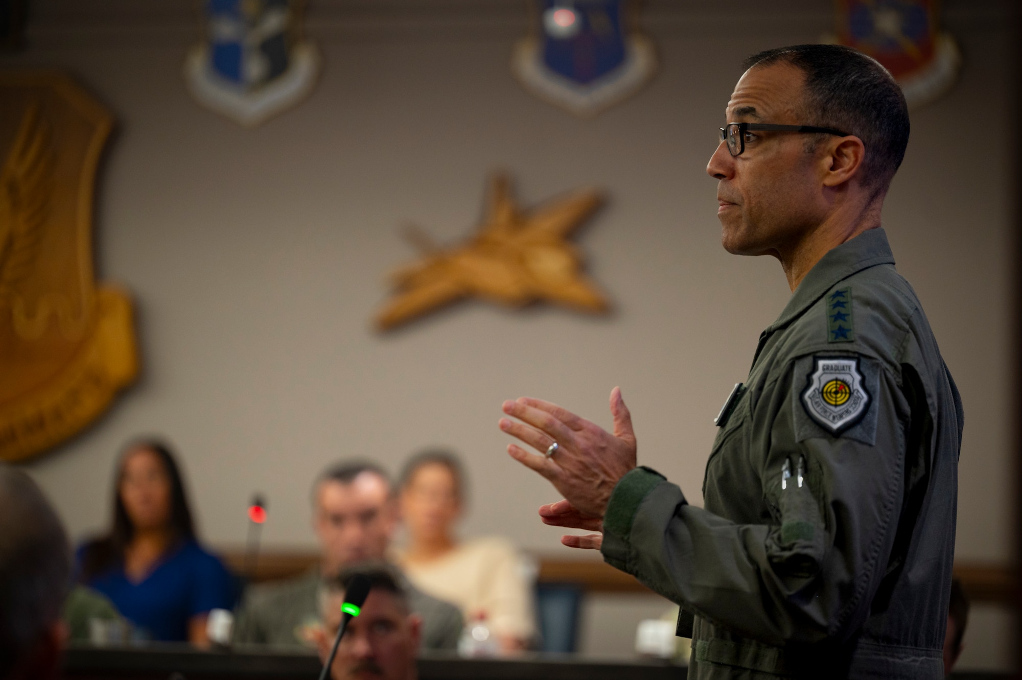 U.S. Air Force Gen. Adrian Spain, commander of Air Combat Command, speaks to attendees during the ACC Squadron Commander and Spouses Course at Joint Base Langley-Eustis, Virginia, April 13, 2026. The course cultivates a community of support amongst squadron commanders and their spouses, empowering them to meet their full potential as leaders in ACC. (U.S. Air Force photo by Staff Sgt. Michael Bowman)