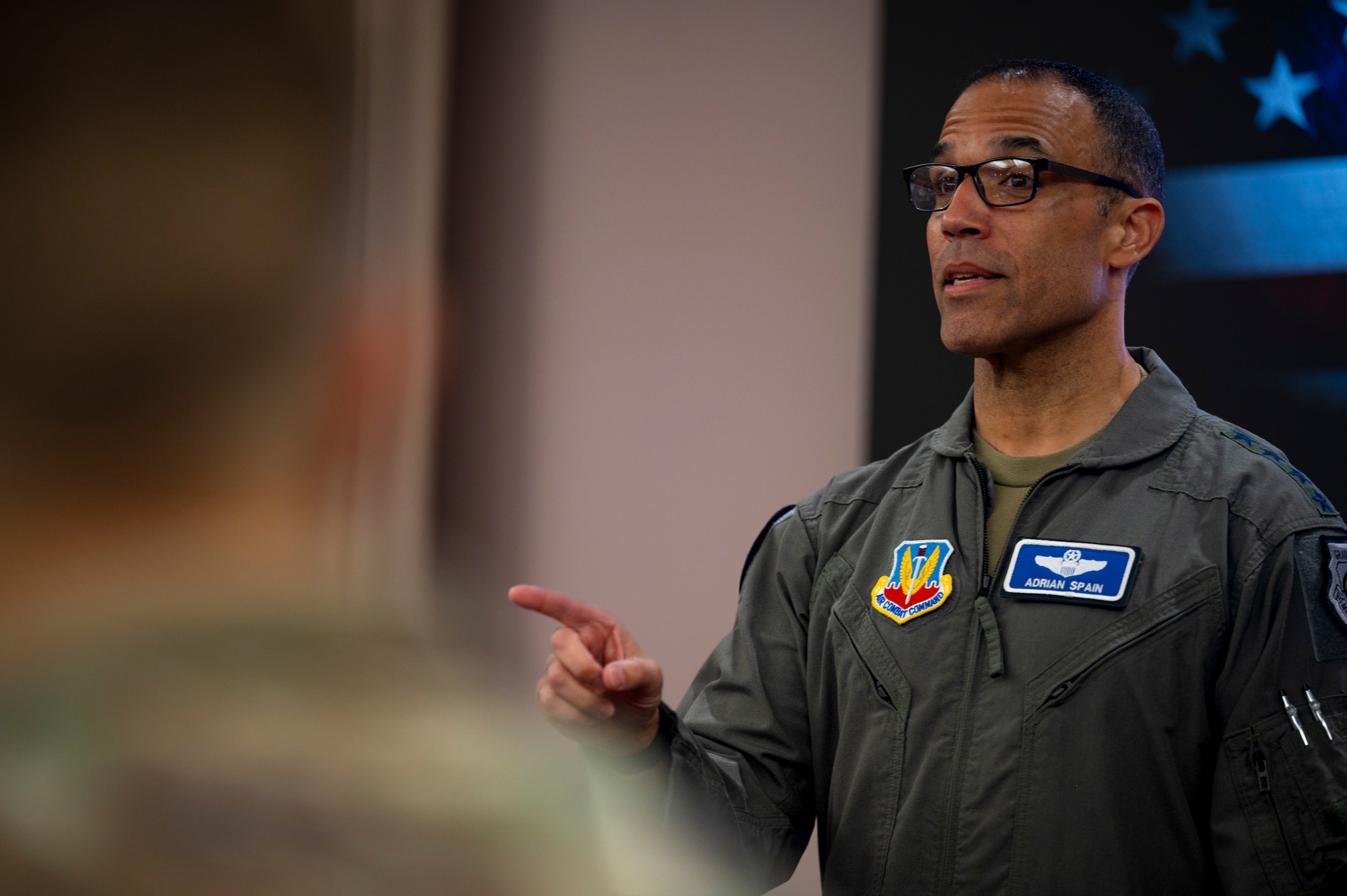 U.S. Air Force Gen. Adrian Spain, commander of Air Combat Command, speaks to attendees during the ACC Squadron Commander and Spouse Course at Joint Base Langley-Eustis, Virginia, April 13, 2026. The course onboards new squadron commanders and their spouses from across the major command, instilling them with the ethos that drives ACC to excellence. (U.S. Air Force photo by Staff Sgt. Michael Bowman)