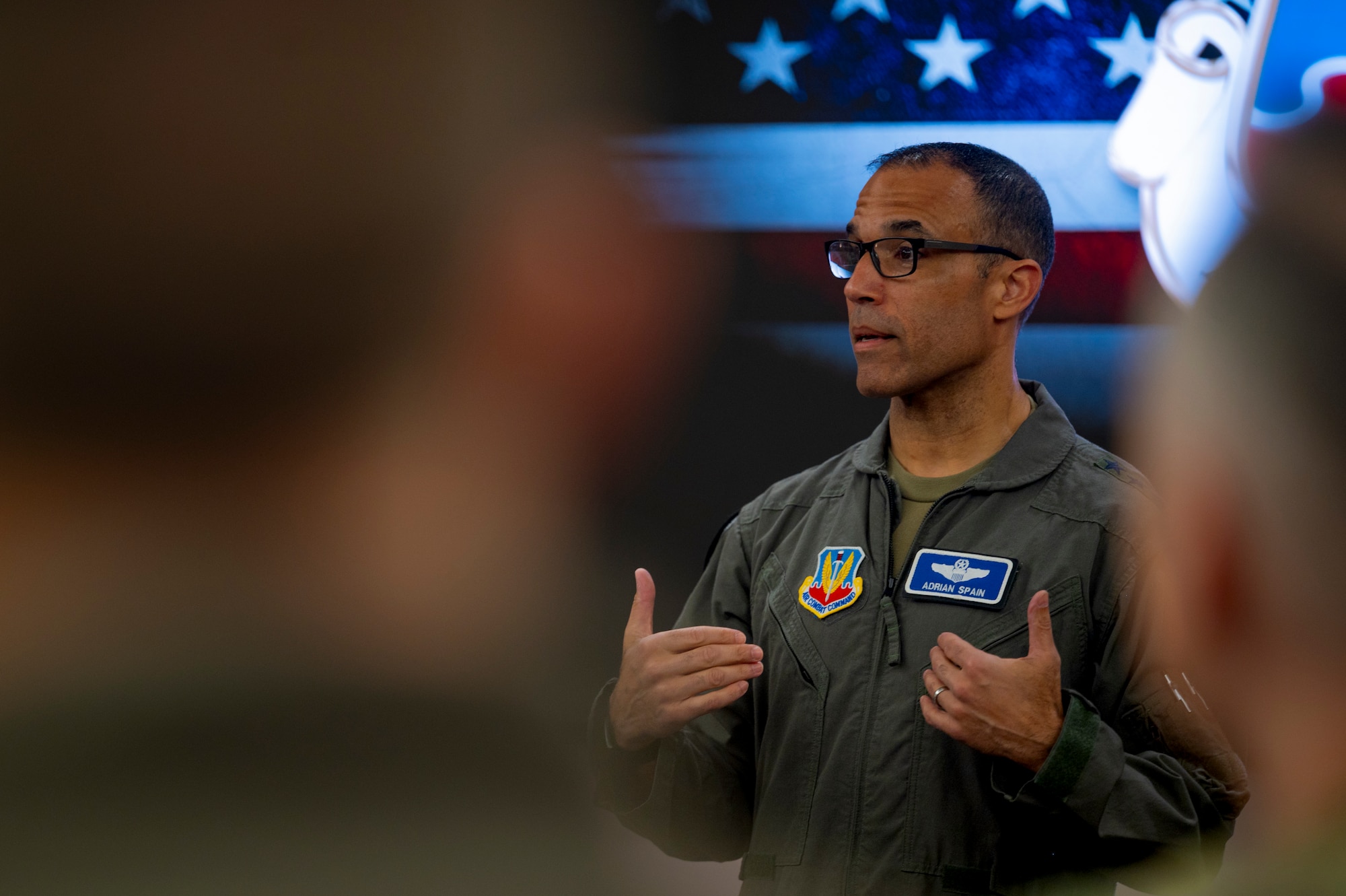 U.S. Air Force Gen. Adrian Spain, commander of Air Combat Command, speaks to attendees during the ACC Squadron Commander and Spouses Course at Joint Base Langley-Eustis, Virginia.