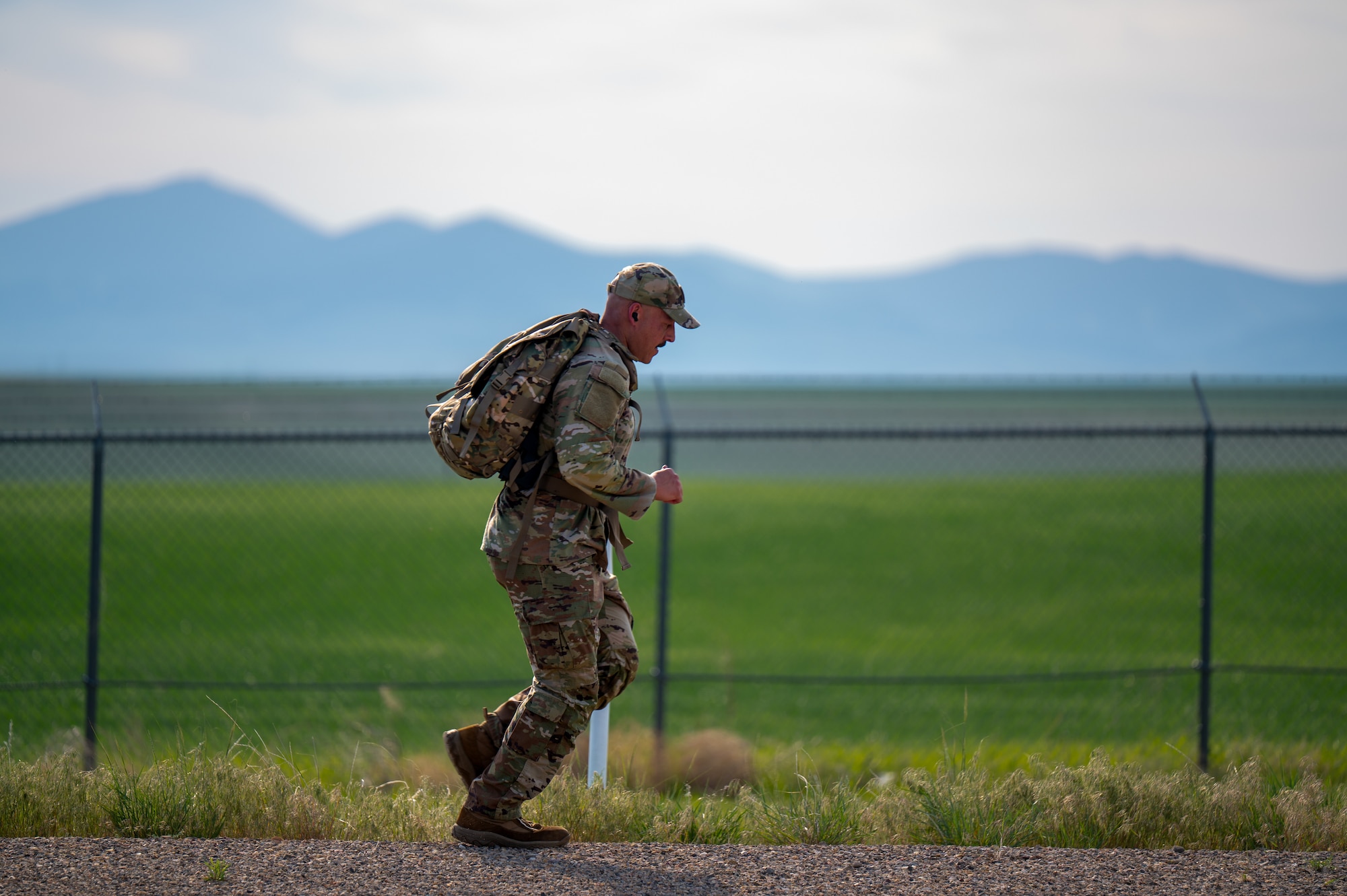 A Norwegian Foot March participant jogs along the 18.6-mile course at Malmstrom Air Force Base, Montana, May 26, 2026.