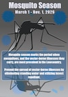 A mosquito graphic, with the silhouette of a mosquito and multiple depictions of blue bacteria with font, informing the public of different precautions to take during the season.