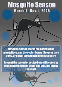 A mosquito graphic, with the silhouette of a mosquito and multiple depictions of blue bacteria with font, informing the public of different precautions to take during the season.
