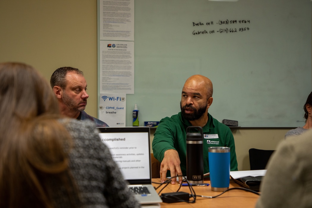 Jim Haselgren, of the Lakewood Parks Division, attends a meeting at the Colorado Department of Public Health and Environment office to discuss the Land Use Controls Implementation Plan for the former Camp George West Artillery Range in Denver, April 30, 2026. (U.S. Army photo by Makenzie Leonard)