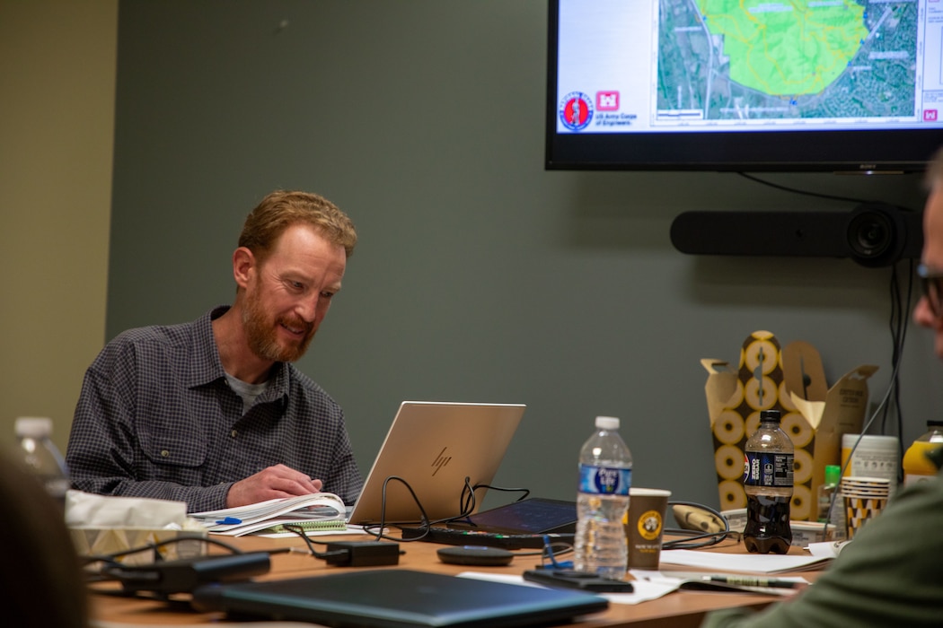 Dustin McNeil, with the Colorado Department of Public Health and Environment, attends a meeting at the agency's office to discuss the Land Use Controls Implementation Plan for the former Camp George West Artillery Range in Denver, April 30, 2026. (U.S. Army photo by Makenzie Leonard)