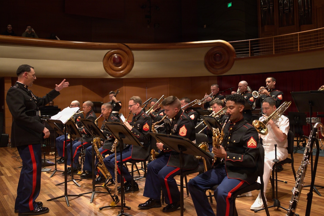 U.S. Marine Corps Marine Forces Reserve(MARFORRES), performing at the Schwob School of Music, Columbus, Georgia on April 15, 2026. 6th Marine Corps District and the MARFORRES band take a tour throughout the Southeastern region promoting the Marine Corps Musician Enlistment option program (MEOP). (U.S. Marine Corps photo by Lance Cpl. Yovanik Calderon)