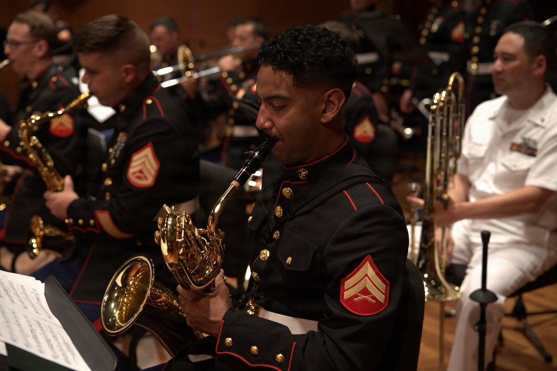 U.S. Marine Corps Cpl. Moses Cano, a native from Houston, TX and a baritone player for Marine Forces Reserve(MARFORRES), playing the baritone at the Schwob School of Music, Columbus, Georgia on April 15, 2026. 6th Marine Corps District and the MARFORRES band take a tour throughout the Southeastern region promoting the Marine Corps Musician Enlistment option program(MEOP). (U.S. Marine Corps photo by Lance Cpl. Yovanik Calderon)