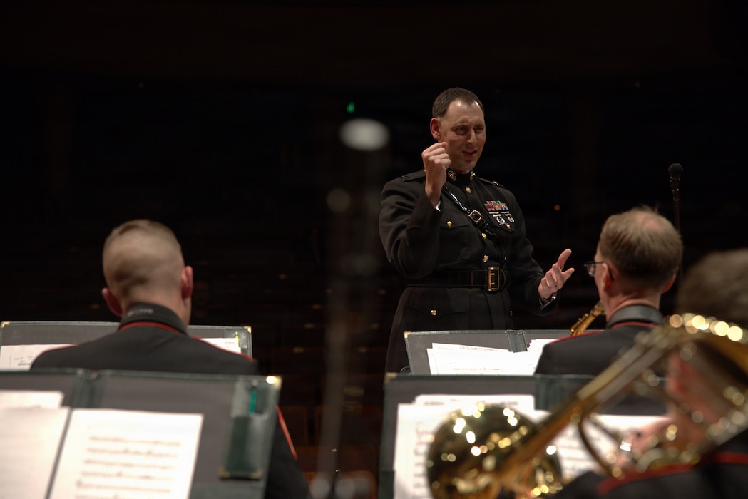 U.S. Marine Corps Capt. Alex J. Panos, the music director officer in charge for Marine Forces Reserve(MARFORRES), directing the band at the Schwob School of Music, Columbus, Georgia on April 15, 2026. 6th Marine Corps District and the MARFORRES band take a tour throughout the Southeastern region promoting the Marine Corps Musician Enlistment option program(MEOP).(U.S. Marine Corps photo by Lance Cpl. Yovanik Calderon)