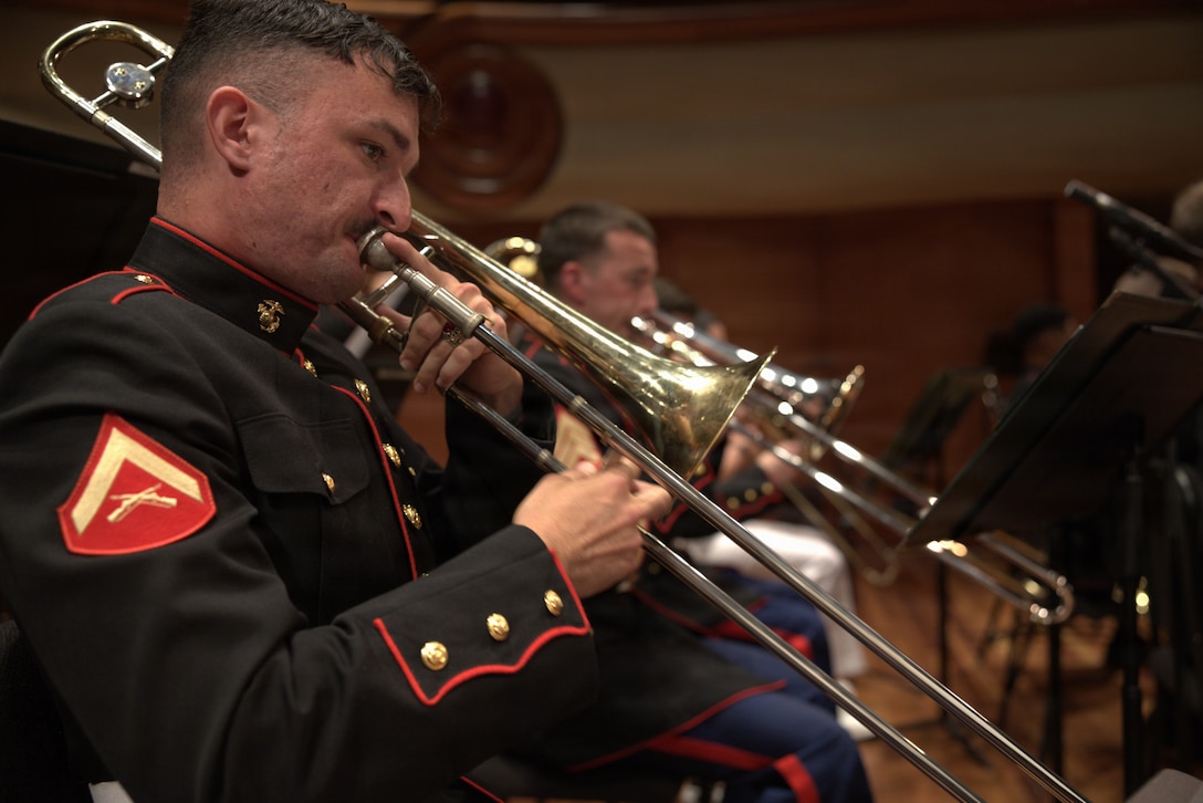 U.S. Marine Corps Lance Cpl. Rafael Perez-Freeman, a native from Cape Coral, Florida and a trombone player for Marine Forces Reserve(MARFORRES), playing the trombone at the Schwob School of Music, Columbus, Georgia on April 15, 2026. 6th Marine Corps District and the MARFORRES band take a tour throughout the Southeastern region promoting the Marine Corps Musician Enlistment option program(MEOP). (U.S. Marine Corps photo by Lance Cpl. Yovanik Calderon)