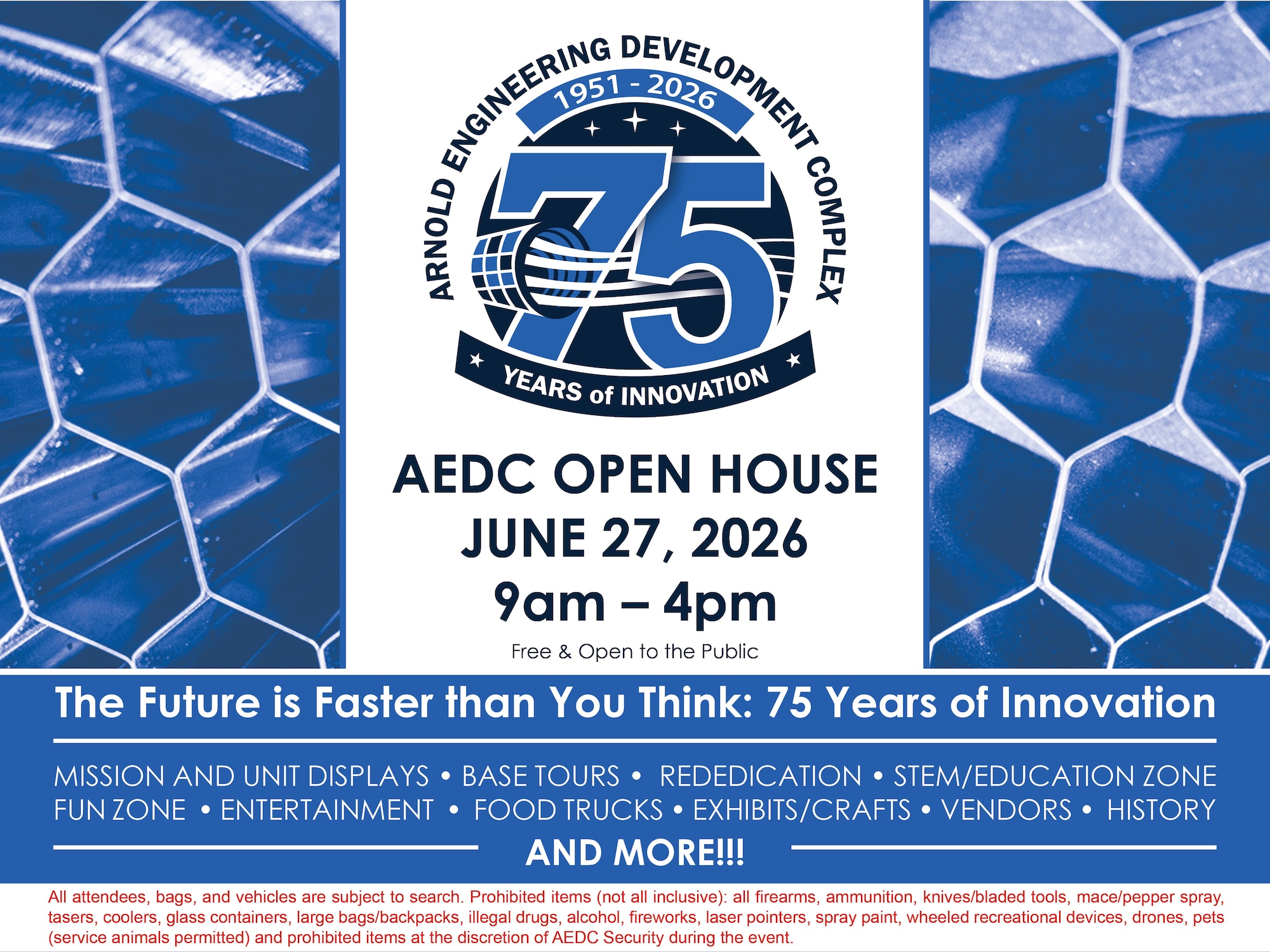 Arnold Air Force Base, Tenn., headquarters of Arnold Engineering Development Complex, is hosting a free public open house event to commemorate the 75th anniversary of AEDC June 27, 2026. Gates will open at 8 a.m., and the event will begin at 9 a.m. (U.S. Air Force graphic by Brooke Brumley)