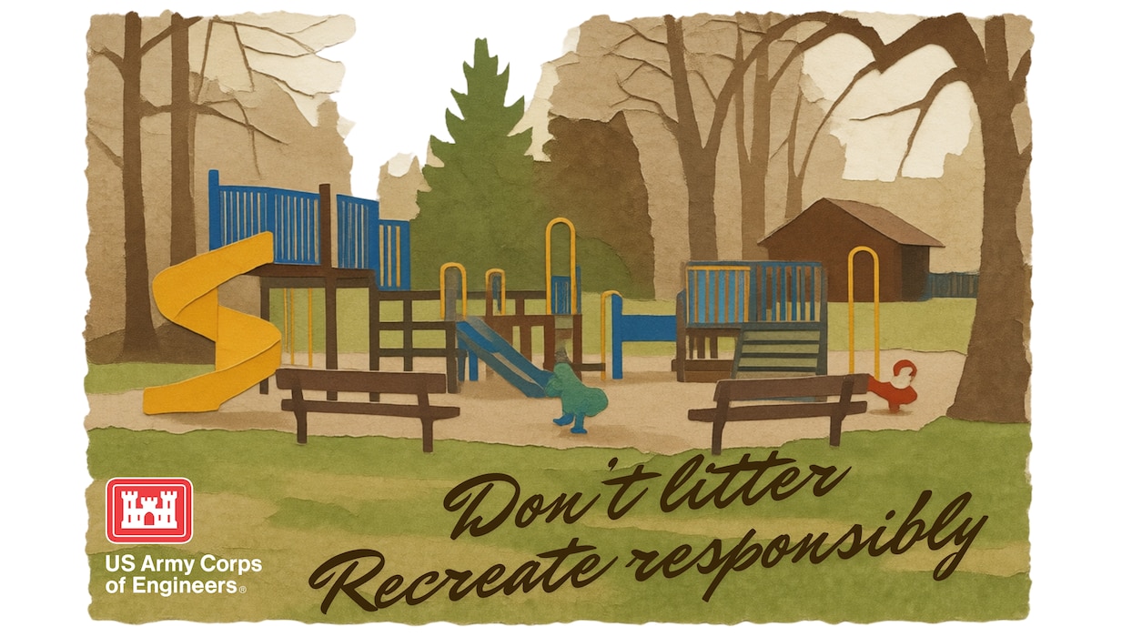 A scrapbook style photo of a playground with the words "Don't litter, Recreate responsibly" and the USACE St. Paul District logo.