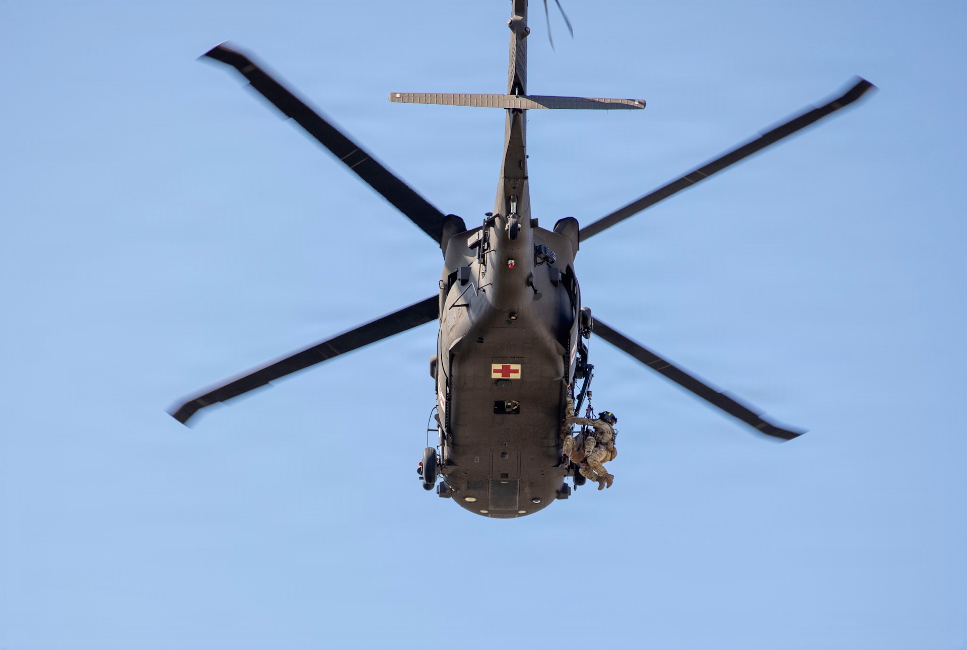 Soldiers with Task Force Griffin (KFOR 35, TF Aviation) repel from a UH-60 Black Hawk during their deployment to Kosovo.