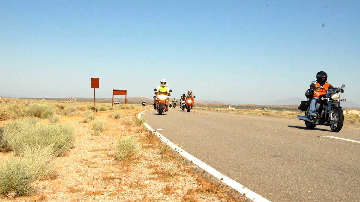 Alan Lederman, right, 412th Test Wing Occupational Safety manager, rides his motorcycle with fellow riders at Edwards Air Force Base, California. (Courtesy photo)