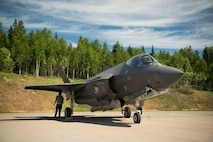 A U.S. Air Force F-35A Lightning II aircraft assigned to the 48th Fighter Wing prepares for taxi on the flightline during Ramstein Flag 26 at Pirkkala Air Base, Finland, June 8, 2026. As Allied Air Command's premier tactical exercise, RAFL26 tests the ability of NATO forces to respond to emerging threats with immediate, decisive airpower. (U.S. Air Force photo by Tech. Sgt. Christine Groening)