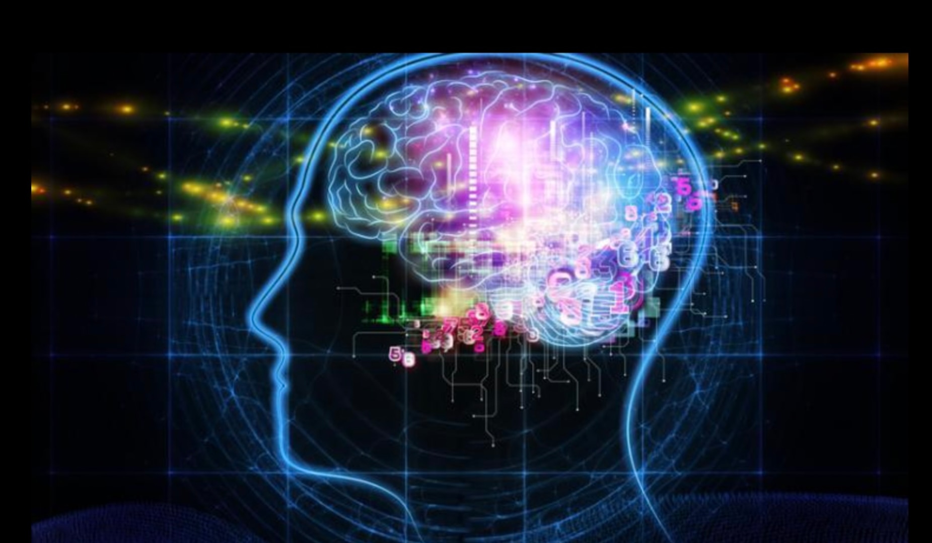 Illustration of a human head silhouette containing a glowing brain with digital circuitry, data streams, and floating numbers, representing cognitive warfare, neurotechnology, and information operations.