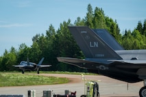 A U.S. Air Force F-35A Lightning II aircraft assigned to the 48th Fighter Wing taxis on the runway during Ramstein Flag 26 at Pirkkala Air Base, Finland, June 8, 2026. The exercise tests Allied Air Command's capability to orchestrate simultaneous, complex air movements across vast distances, spanning from the most northern part of Norway to the most southern part of Spain. (U.S. Air Force photo by Tech. Sgt. Christine Groening)