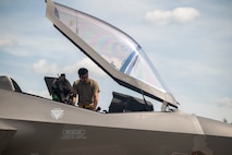 U.S. Air Force Airman 1st Class Edgar Rosas, 493rd Fighter Generation Squadron crew chief, conducts a postflight inspection on an F-35A Lightning II aircraft during Ramstein Flag 26 at Pirkkala Air Base, Finland, June 8, 2026. By executing Agile Combat Employment tactics, Allied forces demonstrate the ability to rapidly reposition and operate from multiple forward locations, increasing survivability and unpredictability. (U.S. Air Force photo by Tech. Sgt. Christine Groening)
