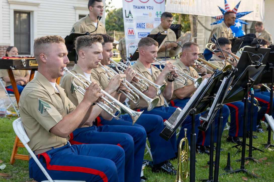 U.S. Marines assigned to Third Marine Aircraft Wing Band perform at a community dinner hosted by Wilmington Chamber of Commerce, during Los Angeles Fleet Week, May 22, 2026. Los Angeles Fleet Week, now in its 10th year, is a sea service celebration that allows citizens of Greater Los Angeles to witness today’s maritime capabilities firsthand. Nearly 1,500 Sailors, Marines, and Coast Guardsmen will showcase their capabilities and equipment, participate in various community service events, and enjoy the hospitality of Los Angeles during the event. (U.S. Navy photo by Mass Communication Specialist 1st Class Jerome D. Johnson)