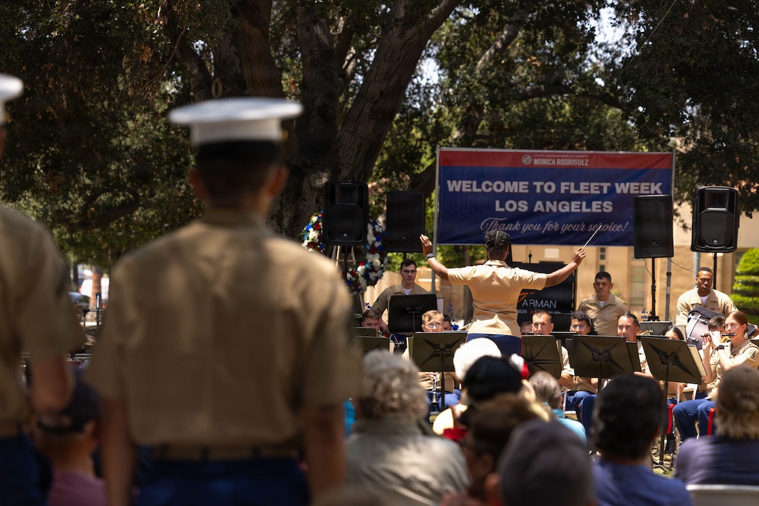 U.S. Marines with the 3rd Marine Aircraft Wing Band perform at the Mission Hills Veteran Resource Fair concert during Los Angeles Fleet Week, May 24, 2026. Los Angeles Fleet Week, now in its 10th year, is a sea service celebration that allows citizens of Greater Los Angeles to witness today’s maritime capabilities firsthand. Nearly 1,500 Sailors, Marines, and Coast Guardsmen will showcase their capabilities and equipment, participate in various community service events, and enjoy the hospitality of Los Angeles during the event. (U.S. Marine Corps photo by Cpl. Stella Tedesco)