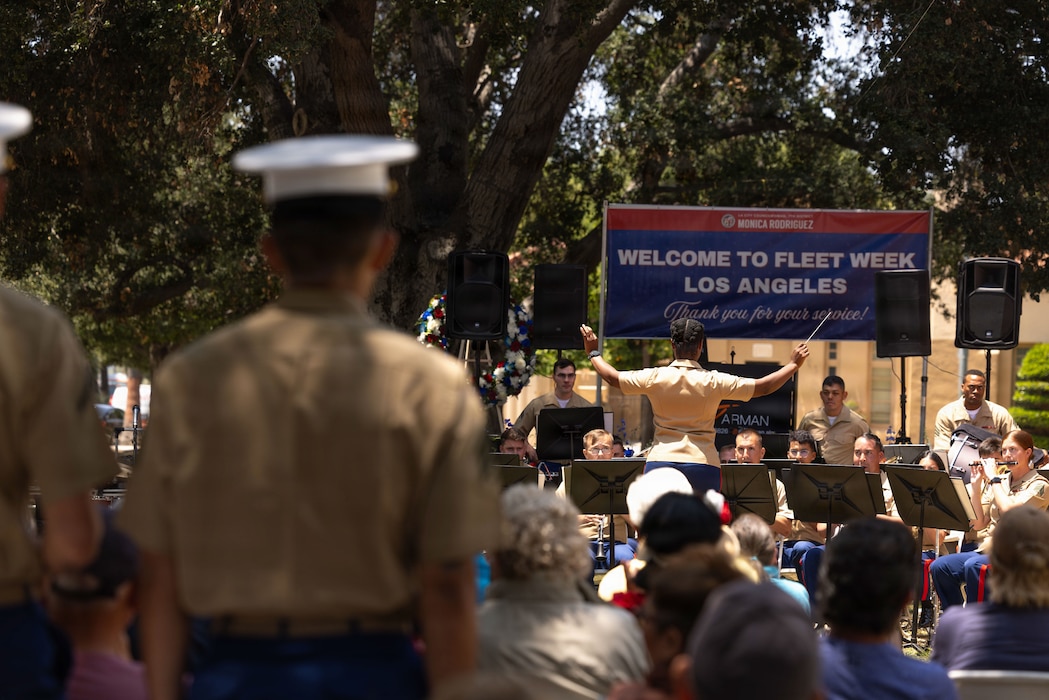 U.S. Marines with the 3rd Marine Aircraft Wing Band perform at the Mission Hills Veteran Resource Fair concert during Los Angeles Fleet Week, May 24, 2026. Los Angeles Fleet Week, now in its 10th year, is a sea service celebration that allows citizens of Greater Los Angeles to witness today’s maritime capabilities firsthand. Nearly 1,500 Sailors, Marines, and Coast Guardsmen will showcase their capabilities and equipment, participate in various community service events, and enjoy the hospitality of Los Angeles during the event. (U.S. Marine Corps photo by Cpl. Stella Tedesco)