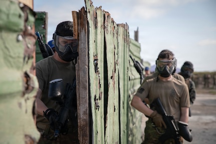 Soldiers assigned to 2nd Platoon, 940th Military Police Company, train alongside Ecuadorian airmen in a paintball shoothouse during Exercise El Gato 2026 in Salinas, Ecuador, May 15, 2026.