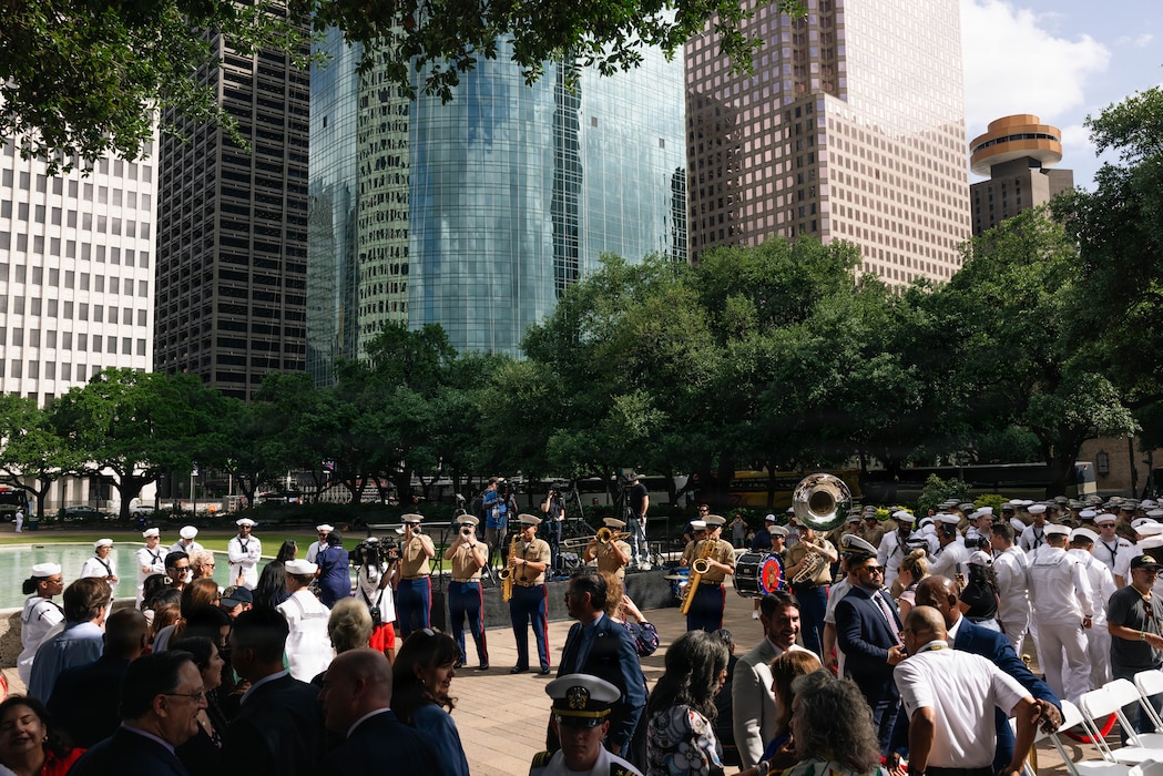 U.S. Marines with the Quantico Marine Corps Band perform for the opening ceremony at Houston City Hall in Houston, Texas, April 15, 2026. Fleet Week is a celebration of the U.S. Navy, Marine Corps, and Coast Guard, typically held in various cities across the United States. It features a parade of Navy and Coast Guard ships, public ship tours, and a variety of events honoring military service, with the city of Houston being the first time in its history hosting the event. (U.S. Marine Corps photo by Cpl. Darien Wright)