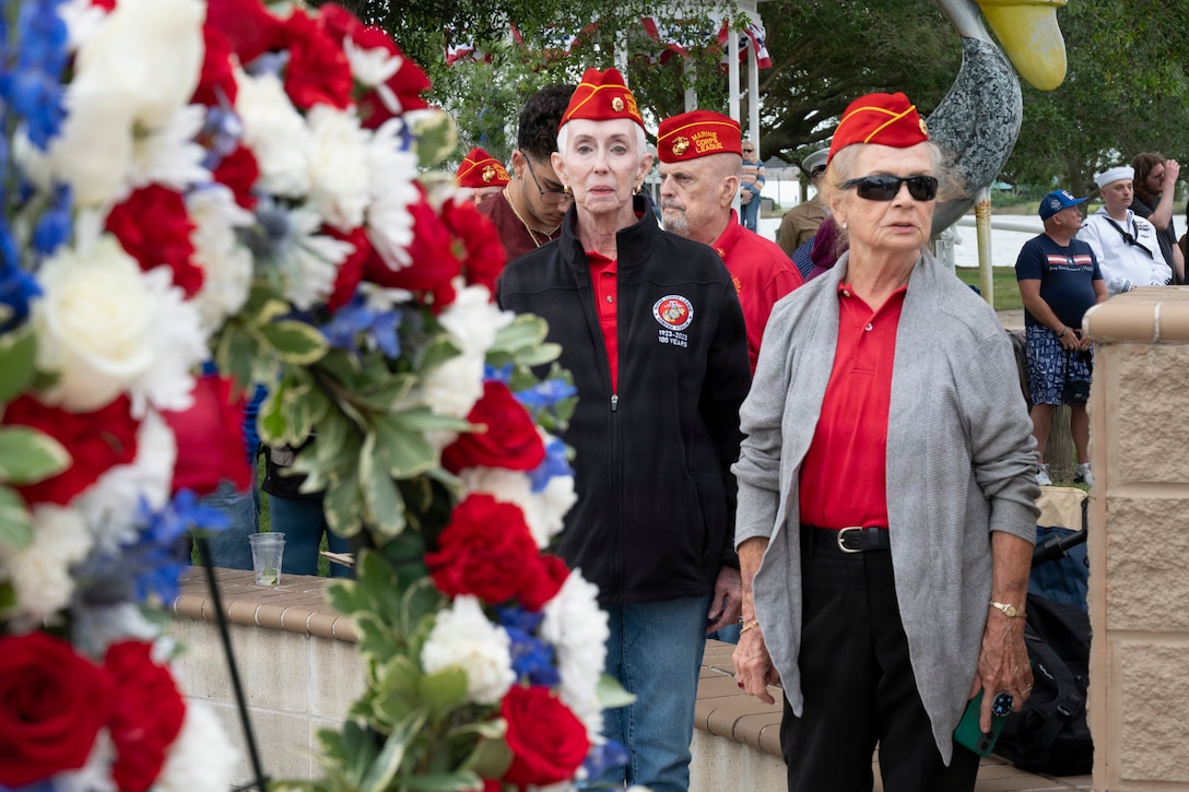 Members of the Marine Corps League observe a wreath-laying ceremony during the Seabrook Street Festival and Drone Show in Seabrook, Texas, April 20, 2026. The event featured a public vendor market, food trucks, military displays, and a sponsor ceremony with a wreath laying, culminating in a Sky Elements drone show. More than 1,000 Sailors and Marines from the visiting fleet proudly engage with the people of Houston during Texas’ first-ever Fleet Week, showcasing the professionalism and warfighting readiness of America’s sea services while celebrating 250 years of dedicated Navy and Marine Corps service as part of the Nation’s Freedom 250 commemoration. (U.S. Navy photo by Mass Communication Specialist 1st Class Louis Rojas)